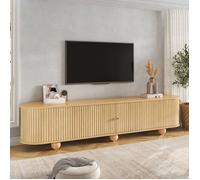 Meuble TV 180 x 35 x 45 cm, LEMLIT Meuble TV Bas 2 Portes Coulissantes Cannelées, Style Rétro, Pieds Boule, MDF - Naturel