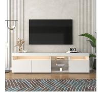 Meuble TV 180 x 35 x 48 cm avec Éclairage LED - Merax - Banc TV Blanc Haut Brillant et Verre - pour Salon et Salle à Manger