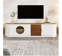 Meuble TV 180 x 40 x 46 cm, Lowboard Luxe en MDF avec Verre Fumé Marron, 3 Portes 3 Tiroirs, Façade Rainurée, Blanc