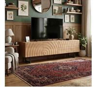 Meuble TV 180cm - AMBIANCE - Façade Ondulée 3D - 2 Portes & 2 Tiroirs - Pieds Métal Noir - Style Scandinave - Bois Naturel