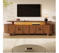 Meuble TV 180cm Ovale Rétro MDF Noyer - Double Niveau, 6 Portes Coulissantes & Fixes, Éclairage LED Intégré, 180 x 40 x 48 cm