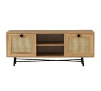 Meuble TV 2 niches de rangement et 2 portes abattantes en cannage Beige, L. 140 x l. 40 x H. 60 cm