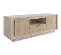 Meuble TV 2 portes 1 tiroirs 1 niche beige poudré façades aspect bois finition Cadiz piètement socle - AZONTO - ALTOBUY Beige