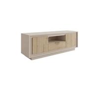 Meuble TV 2 portes 1 tiroirs 1 niche beige poudré façades aspect bois finition Cadiz piètement socle - AZONTO -