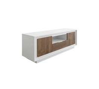 Meuble TV 2 portes 1 tiroirs 1 niche blanc laqué façades aspect bois finition Mercure piètement socle - AZONTO -