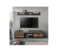 Meuble TV 2 portes 160x40x37 cm gris décor en bois brun - JAMO