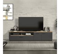 Meuble TV 2 portes, 2 niches, 1 abattant - L210 cm - Gris Anthracite