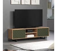 Meuble TV 2 portes 2 niches décor chêne et vert - RYA