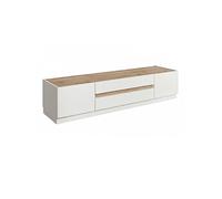 Meuble TV 2 portes 2 tiroirs laqué blanc plateau et détail façade aspect bois finition Cadiz - FANASY -