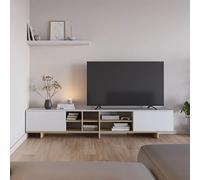 Meuble TV 2 portes 6 niches 230x35x44 cm effet chêne et blanc