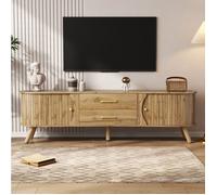 Meuble TV 2 portes coulissantes, 2 tiroirs, MDF décor bois naturel, pieds bois, 160x36.5x55 cm