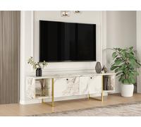 Meuble TV 2 portes et 2 étagères - Effet marbre blanc et Doré - DERANA