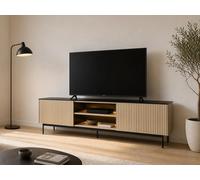 Meuble TV 2 portes et 2 niches avec LEDs en MDF et verre fumé - Naturel clair et Noir - SAYERA