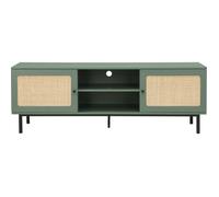 Meuble TV 2 portes vert et cannage 160 cm - Luma