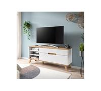 Meuble TV 2 tiroirs 140x40x60cm décor blanc et naturel - VIKATA