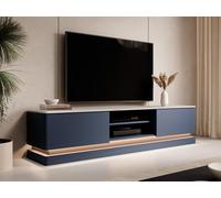 Meuble TV 2 tiroirs et 2 niches avec LEDs en MDF - Bleu et effet marbre blanc - DEVIKA