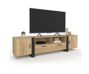 Meuble TV 200 cm PHOENIX 2 portes 2 tiroirs bois et noir