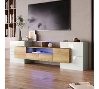 Meuble TV 200cm blanc brillant avec finition bois, LED multicolore, 6 portes, 2 tiroirs, 3 niches, surface effet verre,design modern