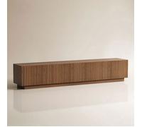 Meuble TV 220cm - portes à lamelles, tablette amovible, grand rangement - couleur noyer, au sol, pour TV dès 75