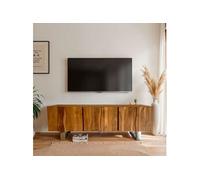 Meuble TV 3 portes 160x46x56 cm en bois d'acacia naturel et chromé