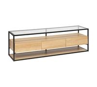 Atmosphera Créateur d'Intérieur - Meuble TV Rectangle 3 Tiroirs Aldea Beige Effet Bois Chêne Structure Noire Plateau Verre Trempé Salon, Bureau