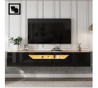 Meuble TV 3 tiroirs buffet bas panneau mural LED brillant fixation murale pour TV 180 x 37 x 36 cm noir/bois - Rangement moderne