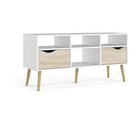 ARO - Meuble TV 4 niches 2 tiroirs avec glissières métalliques - Blanc et chêne Sonoma - 117,2 x 39,1 x 57,4 cm - Capacité 26 kg