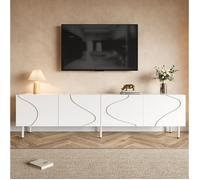 Meuble TV 4 Portes avec Push-to-Open et Passe-cables, Lignes Courbes 3D - ELVMI - Blanc, PB et MDF, 170×35×50 cm