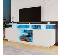 Meuble TV, 4 portes, meuble bas de salon, avec bande lumineuse LED 16 couleurs, portes brillantes et étagères en verre, 140 cm