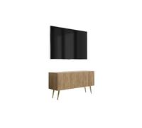Meuble TV à façade rainurée, chêne Craft, pieds inclinés dorés, 100 × 32 × 52 cm