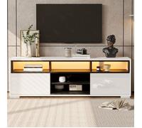 Meuble TV à LED 150×35×50 cm,avec rangement et 2 portes, style moderne, pour salon et appartement-blanc