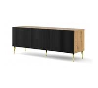 Meuble TV - AC-DÉCO - Ravenna - 3 portes en bois - Pieds dorés - Noir et beige - L 150 x P 42 x H 56 cm