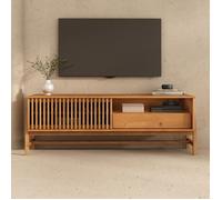 IDIMEX Meuble TV Adamo L 145 cm en Bois Massif Couleur Chêne avec 1 Porte Coulissante, 1 Tiroir, Design Chaleureux à Lamelles, Meuble Télé avec Rangement Varié, Convient pour TV jusqu'à 165 cm (65")