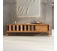Meuble TV ADAMO L 180 cm en Bois Massif Couleur Chêne avec 2 Portes Coulissantes, 2 Tiroirs, Design Chaleureux à Lamelles, Meuble Télé avec Rangement Varié, Convient pour TV jusqu'à 203 cm (80")
