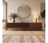 Meuble TV ADAMO L 220 cm en Bois Massif Coloris Châtaignier avec 2 Portes Coulissantes, 2 Tiroirs, Pour TV jusqu'à 249 cm (98"")