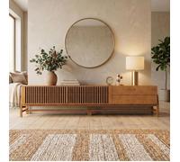 Meuble TV ADAMO L 220 cm en Bois Massif Coloris Chêne avec 2 Portes Coulissantes, 2 Tiroirs, Pour TV jusqu'à 249 cm (98"")