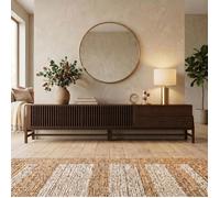 Meuble TV ADAMO L 220 cm en Bois Massif Coloris Noyer avec 2 Portes Coulissantes, 2 Tiroirs, Pour TV jusqu'à 249 cm (98"")