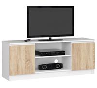 Meuble TV - AKORD - Blanc - 140 cm - 2 portes - Chêne Sonoma - 2 étagères