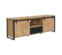 Vente-unique - Meuble TV avec 2 Portes coulissantes, 1 tiroir et 1 Niche en MDF et métal Noir - Naturel - BELINARO