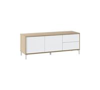 Meuble TV avec 2 portes et 2 tiroirs coloris chene canadien / blanc artic - Longueur 47 x Hauteur 130 x Profondeur 41 cm --
