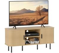 Meuble TV avec 2 portes tambour š€ lamelles design scandinave pour tšŠlšŠvision jusqu'š€ 55 pouces 120 cm ton chšºne
