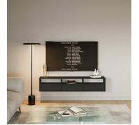 Selsey Meuble TV Suspendu 150 cm Noir 3 Abattants & Niches Ouvertes Design Moderne & Fonctionnel pour Intérieur Contemporain