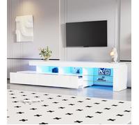 Meuble TV avec éclairage LED, façade brillante, trois tiroirs, adapté aux téléviseurs jusqu'à 75 pouces, blanc, 180 x 35 x 45 cm