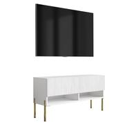 Meuble TV avec façade rainurée, blanc mat, pieds droits dorés, 100 × 32 × 52 cm
