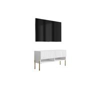 Meuble TV avec façade rainurée, blanc mat, pieds droits dorés, 100 × 32 × 52 cm