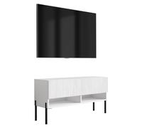 Meuble TV avec façade rainurée, blanc mat, pieds droits noirs, 100 × 32 × 52 cm