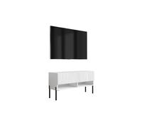 Meuble TV avec façade rainurée, blanc mat, pieds droits noirs, 100 × 32 × 52 cm
