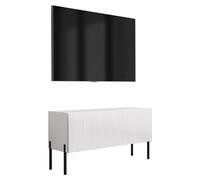 Meuble TV avec façade rainurée, blanc mat, pieds droits noirs, 100 × 32 × 52 cm