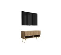 Meuble TV avec façade rainurée, chêne Craft, pieds inclinés dorés, 100 × 32 × 52 cm