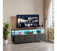 Meuble TV avec lumières LED et tiroirs, pieds réglables en hauteur Panneau de particules de bureau E1, cadre en fer, noir